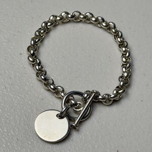 Vintage 925 Roll Link With Circle Charm Heavy Sterling Silver Toggle Bracelet